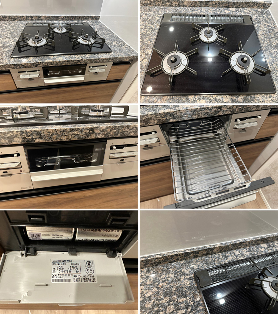 26596■クリナップ 対面キッチン W2485 レンジフード コンロ 食洗機 高級人造大理石天板■展示品/取り外し品/未使用品/左シンク