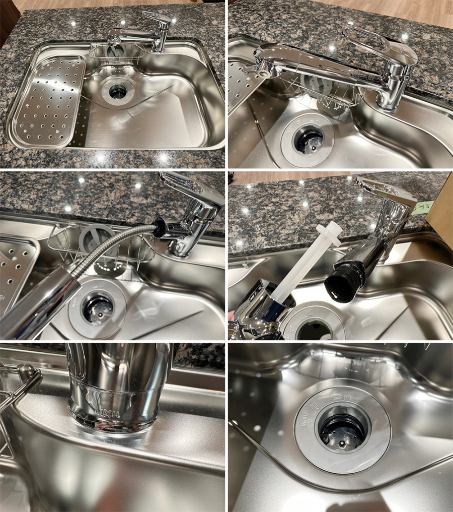 26596■クリナップ 対面キッチン W2485 レンジフード コンロ 食洗機 高級人造大理石天板■展示品/取り外し品/未使用品/左シンク