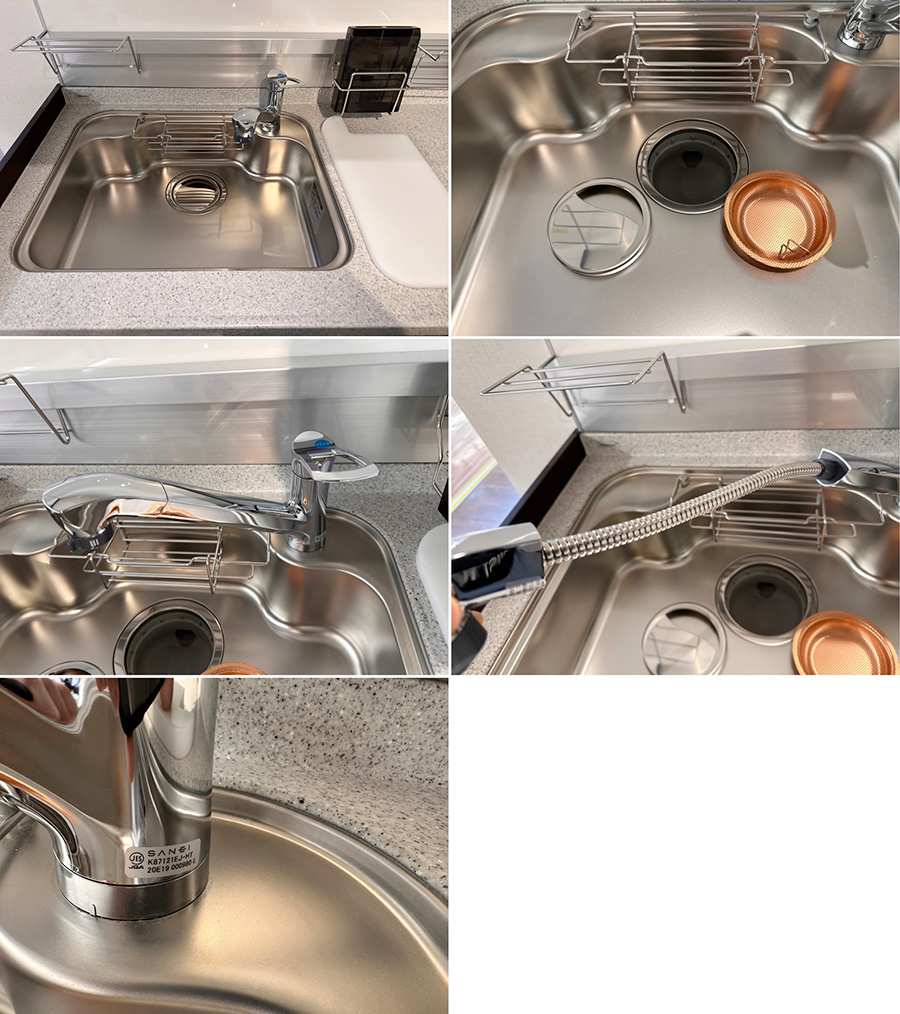 27336■ハウステック Ｌ型キッチン 2120×1810 レンジフード コンロ 人工大理石■展示品/取り外し品/未使用品/左シンク